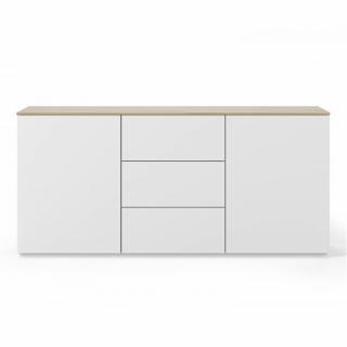 Buffet WHITY 2 blanc mat 180cm 2 portes/3 tiroirs Plateau en bois de chêne clair